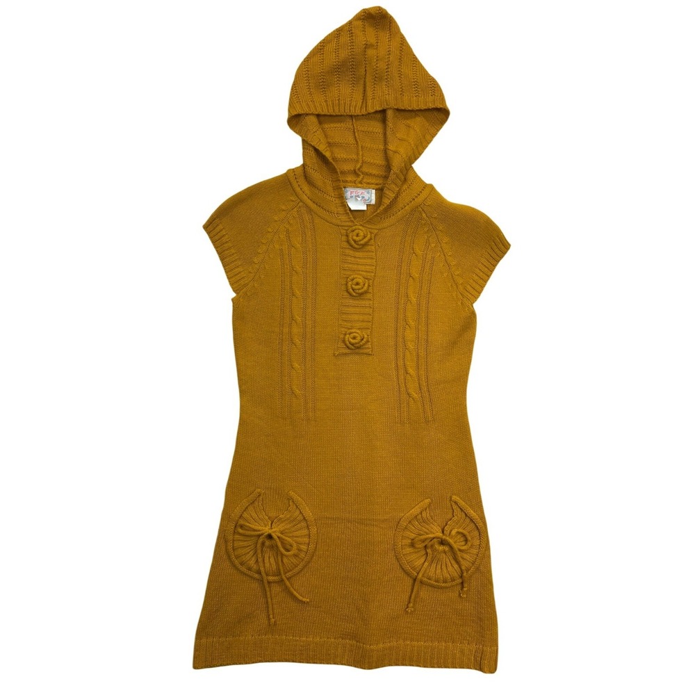 F&F Dress Womens Small Gold Mustard Yellow Sweater Hooded Knit‎ Mini Dress